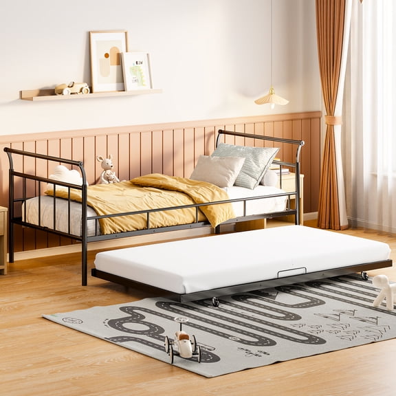 Twin Size Black Metal Daybed with Curved Handles, Included Twin Trundle Bed, No Box Spring Needed