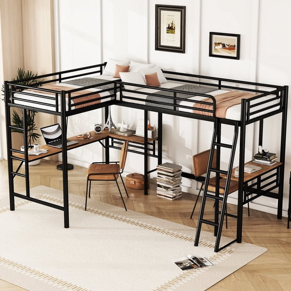 Twin Size Black Metal Loft Bed | Suited for Sleepovers and Lake House Nights | Built-in Desks Provide Convenient Work Areas