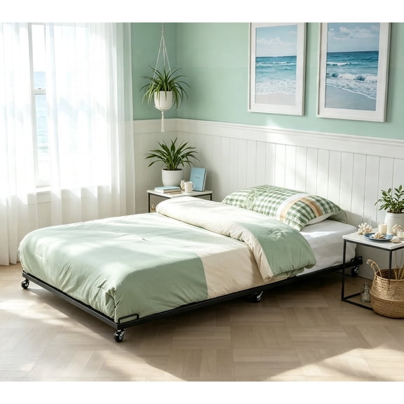 Twin Size Black Metal Roll Out Trundle Bed Frame for Daybed