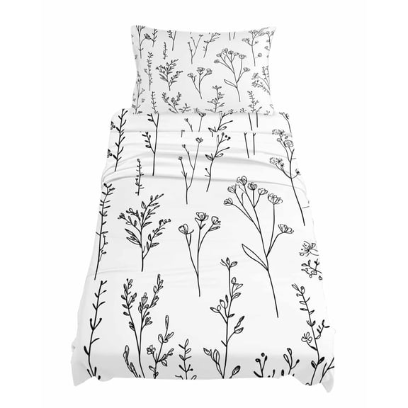 Twin Size Black White Plant Sheet Sets Art Floral Farmhouse Leaf Retro Flower Botanical Soft Breathable Microfiber Bed Sheets 4 Piece Bed Sheets Set, 1 Fitted Sheet, 1 Flat Sheet & 1 Pillowcases
