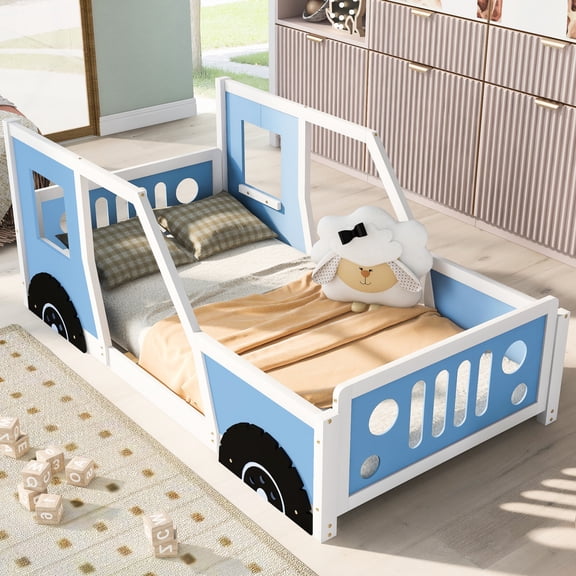 Twin Size - Blue Car Bed with Unique Design - Bedroom Aesthetic - Reliable Wood Bed Structure