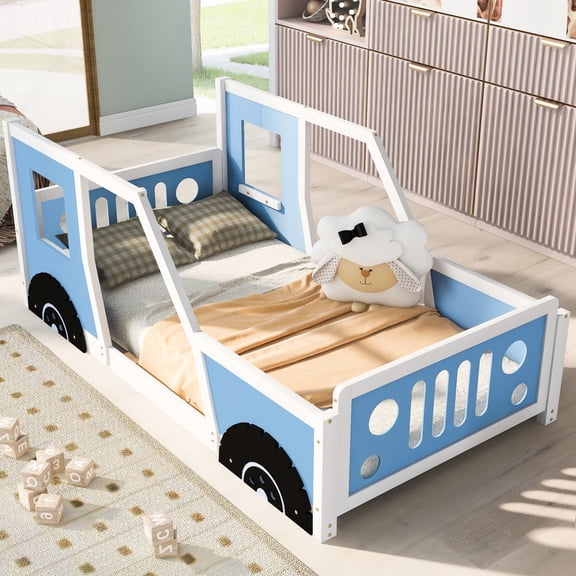 Twin Size Blue Car-Shaped Bed with Wheels / Ideal for Bedroom, Quick Assembly