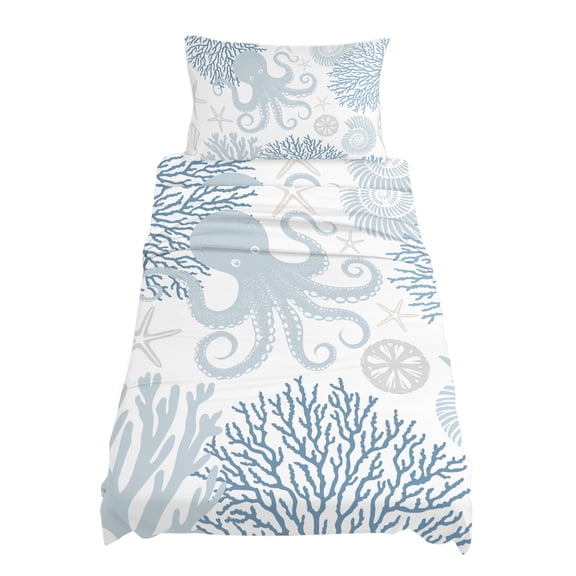 Twin Size Blue Octopus Sheet Sets Ocean Starfish Shell Coral Marine Life Soft Breathable Microfiber Bed Sheets Deep Pockets 4 Piece Bed Sheets Set, 1 Fitted Sheet, 1 Flat Sheet & 1 Pillowcases