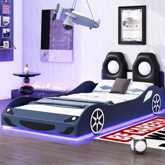 Twin Size Blue Race Car Bed with Built-in LED / Durable, Safe and Stylish Bedroom Furniture