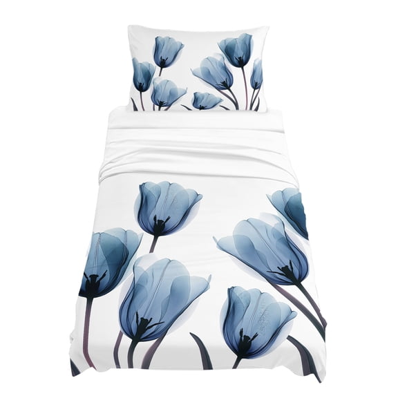Twin Size Blue Tulip Sheet Sets Minimalist Modern Flower Plant Art Soft Breathable Microfiber Bed Sheets Deep Pockets 4 Piece Bed Sheets Set, 1 Fitted Sheet, 1 Flat Sheet & 1 Pillowcases