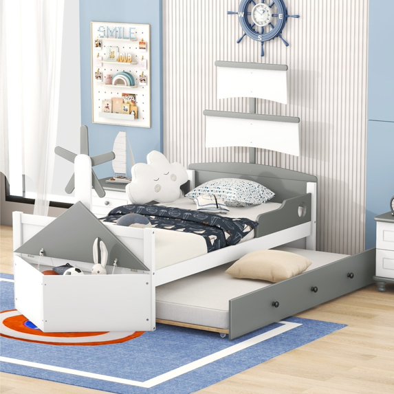 Twin Size Boat-Shaped Bed for Kids Teens, Pinewood Platform Bed Frame with Twin Size Trundle, Boat-Shaped Storage Footboard, Sail Headboard & Bed Rail for Boys & Girls, White + Gray