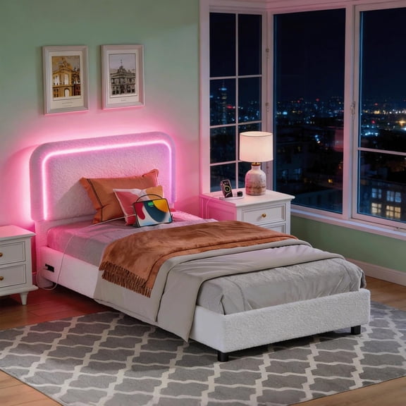 Twin Size Boucle Bed Frame, Adjustable Rounded Corners Headboard with LED Lights, Upholstered Teddy Fabric Bed Frame with Charging Station, No Box Spring Required, Easy Assembly, Beige