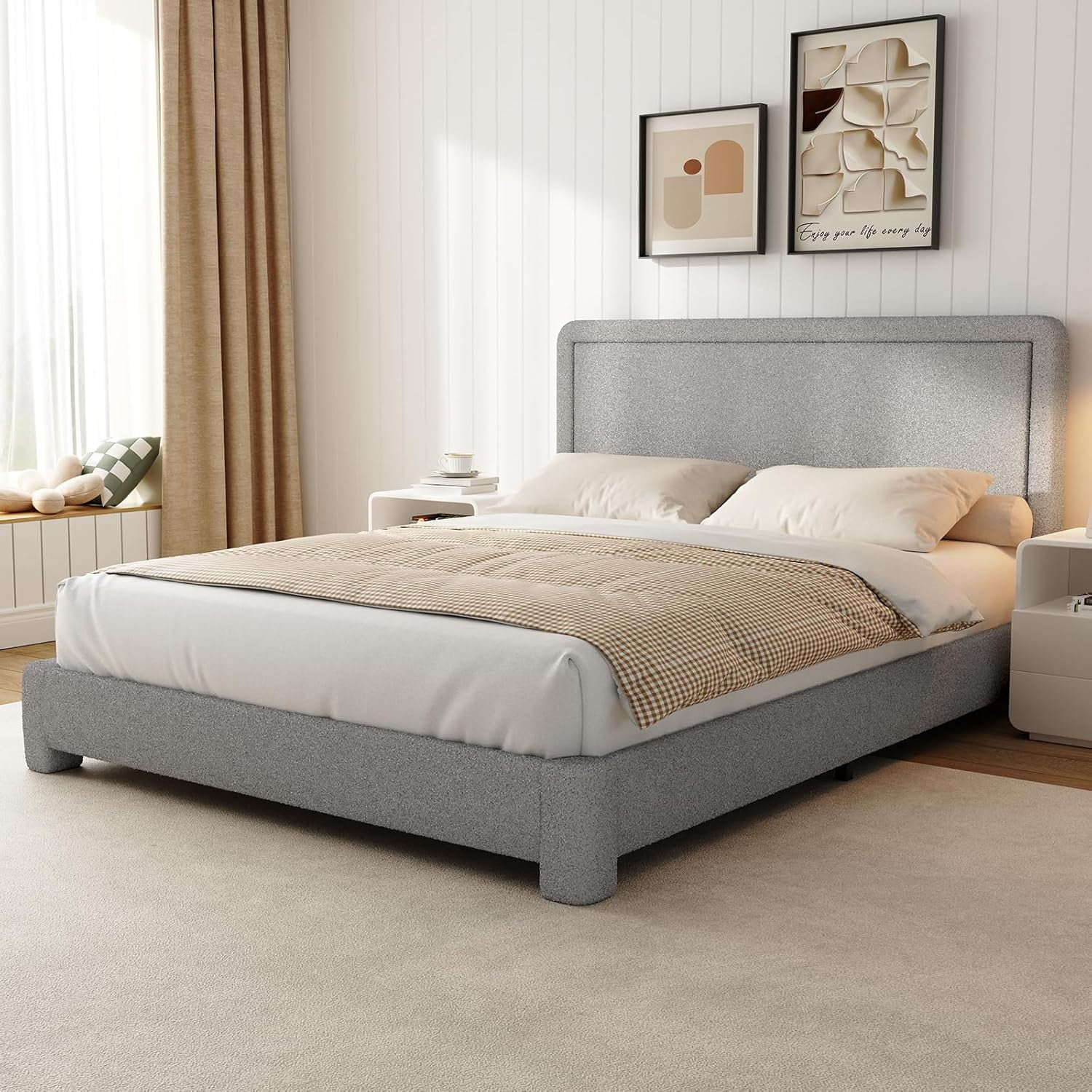 Soft Rounded Frame Twin Size Boucle Bed Frame Upholstered Cloud Bed Frame Platform Bed ...