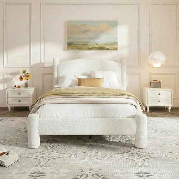 Twin Size Boucle Bed Frame, Upholstered Platform Cloud Bed with Soft Round Headboard & Cylindrical Legs, Noise Free & Heavy Duty, No Box Spring Needed, Easy Assembly, White