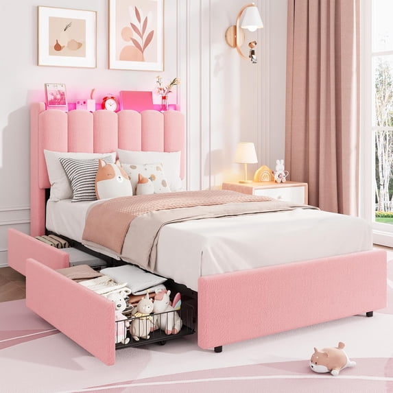 Twin Size Boucle Upholstered Platform Bed Frame with Wavy Headboard and Storage Bookcase, 2 Drawers, No Box Spring Needed, Pink