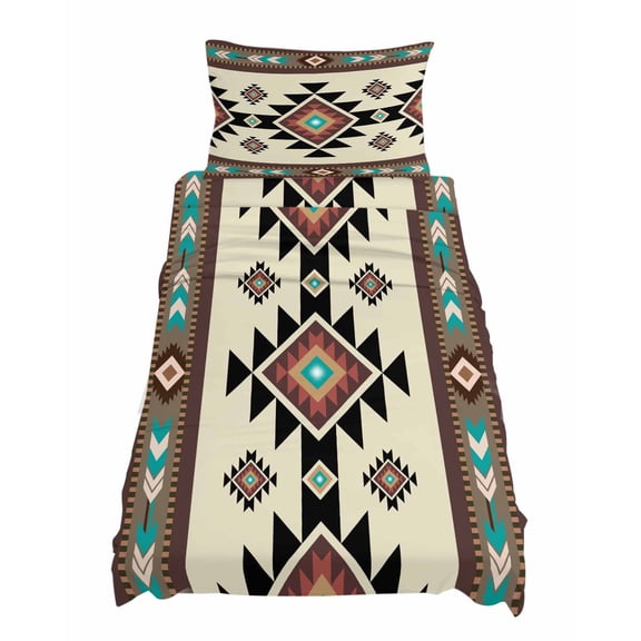 Twin Size Brown Ethnic Pattern Sheet Sets Retro Bohemian Square Abstract Geometric Soft Breathable Microfiber Bed Sheets 4 Piece Bed Sheets Set, 1 Fitted Sheet, 1 Flat Sheet & 1 Pillowcases