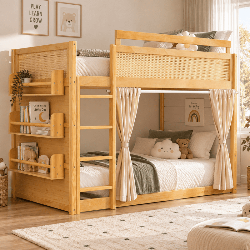 Twin Size Bunk Bed with 3-Tier Storage Shelf, Rattan-Style Design, Privacy Curtains and Built-In Light Strip, Modern Wood Twin Over Twin Bunk Bed Frame with Ladder for Kids Teens