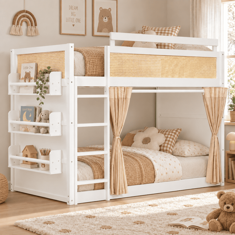 Twin Size Bunk Bed with 3-Tier Storage Shelf, Rattan-Style Design, Privacy Curtains and Built-In Light Strip, Modern Wood Twin Over Twin Bunk Bed Frame with Ladder for Kids Teens