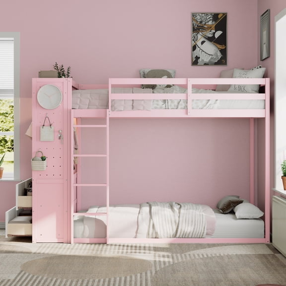 Twin Size Bunk Bed with 4 Storage Drawers, Hanging Rail & Light Strip, Built-in Shelves & Dual Pegboards, Integrated Wardrobe, Space-Saving Design for Bedroom, Pink