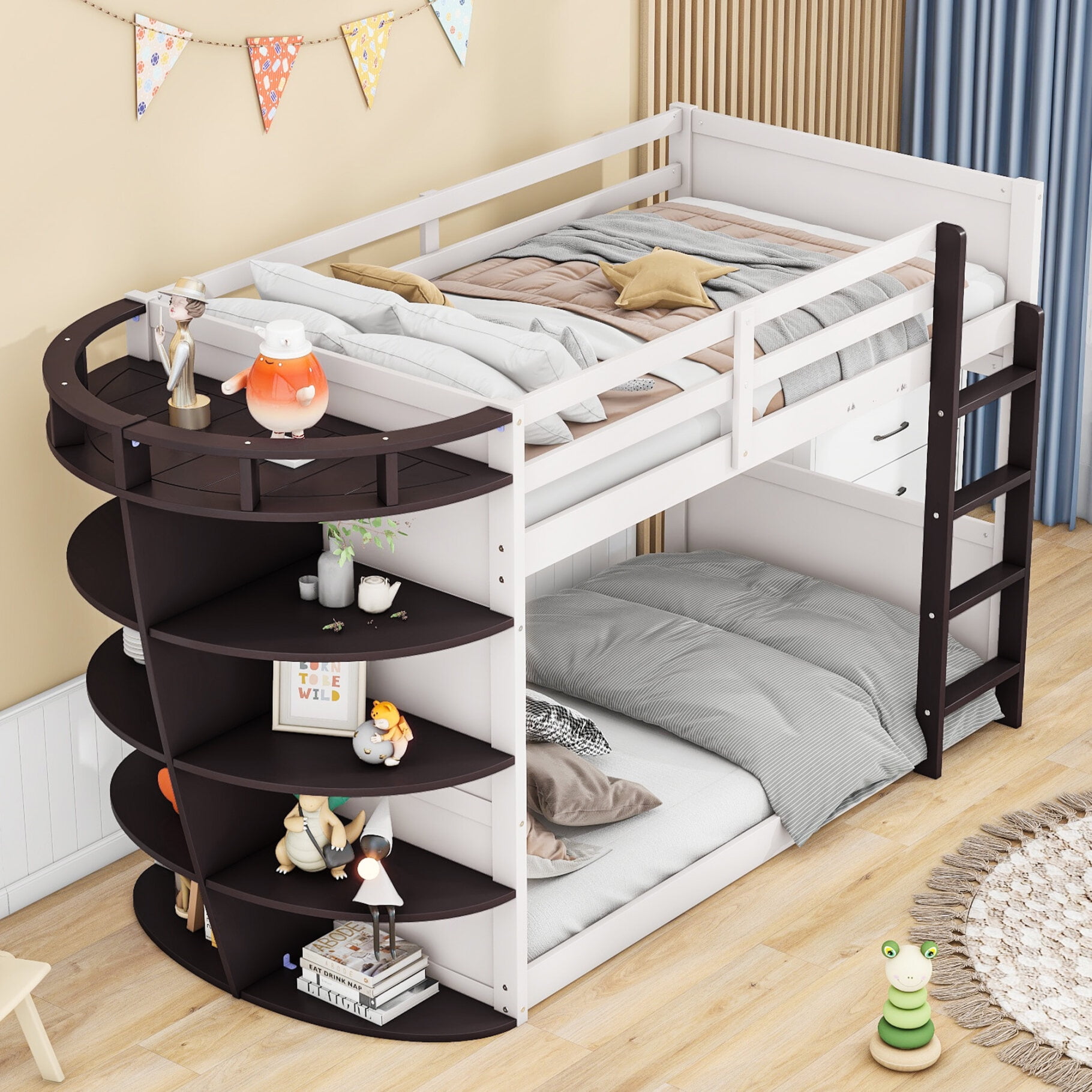 Twin Size Bunk Bed, BoatShaped Twin Size Bed Frame for Kids, Wood Twin