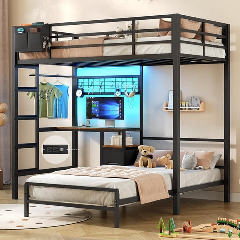 Mabor Metal Bunk Bed with Desk Twin Over Twin Size Bunk Bed with Charging Station and LED Lights, Twin Size Loft Bed Frame with Storage Shelves and Drawers for Bedroom, No Box Spring Needed, Black