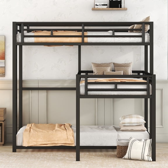 Twin Size Bunk Bed Frame with 3 Twin BedsL-shaped Metal Triple Bunk Bed Frame with Built-in Ladder and Full-Length Guardrails for Bedroom, Apartment, Mattress not included, black