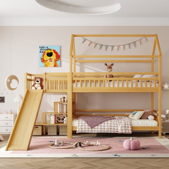 Twin Size Bunk Bed Frame with Slide,House-shaped Bed Frame with Storage Stairs for Bedroom, Apartment, Mattress not included, No Spring Box Required, 2 Layout Options,Noise-free Design, Natural