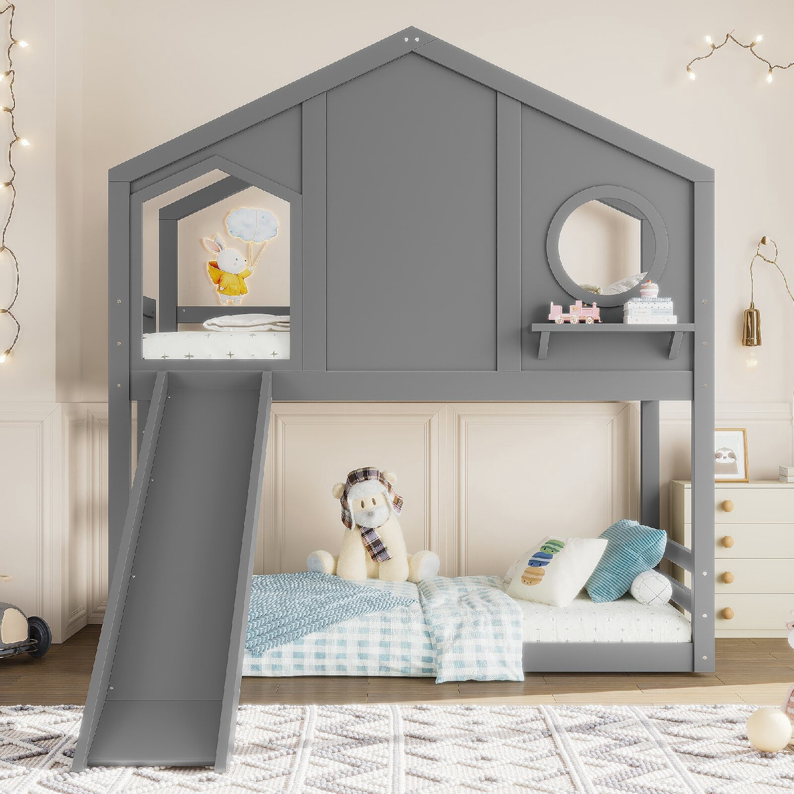 Twin Size Bunk Bed Frame with Slide and Storage Shelves, Solid Wood ...