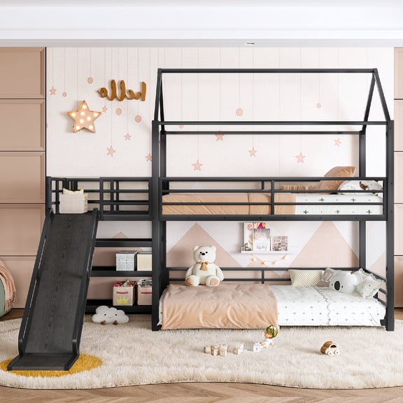 Twin Size Bunk Bed Frame with Storage Stairs and Slide, Metal House Bunk Bed with Safety Rails and Safety Guardrails for Bedroom, Apartment, Mattress not included,No Box Spring Required, Black