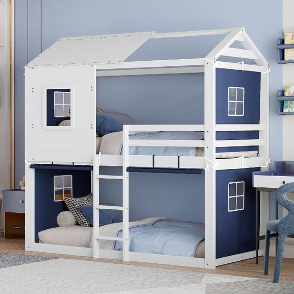 Twin Size Bunk Bed Frame with Tent, Wood House Bunk Bed with Safety Guard Rails and Ladder for Bedroom, Apartment, Small Room, Space-Saving Design, Easy Assembly, Mattress Not Included, Blue