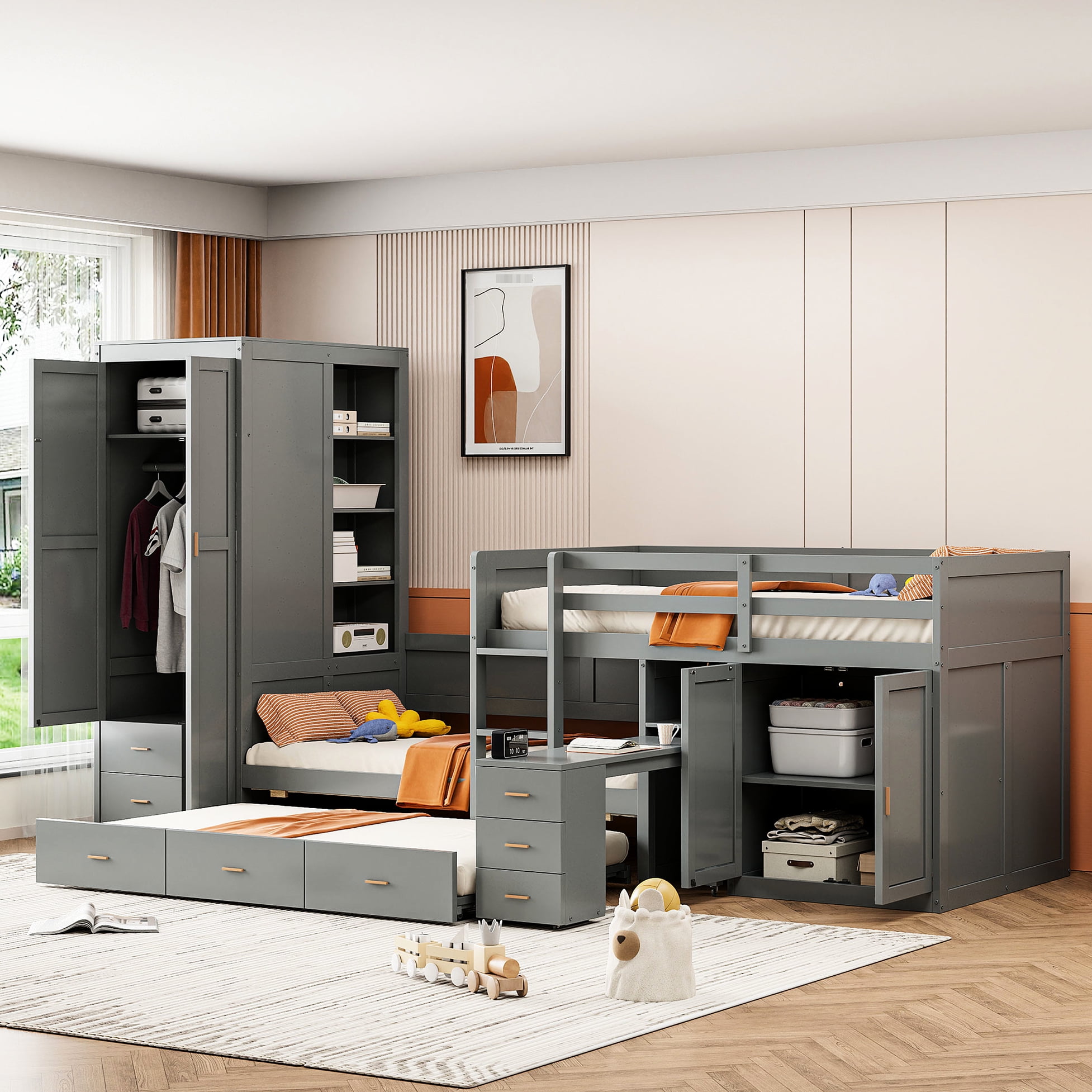 Twin Size Bunk Bed In Gray With Trundle, Cabinet, Wardrobe, Desk And ...