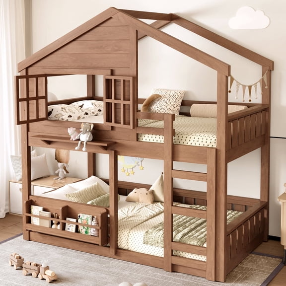 Twin Size Bunk Bed/Loft Bed with Bookshelf, House Design, High-Quality Safety Fencing,Natural