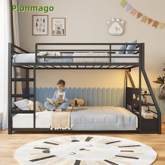 Plonmago Twin Size Bunk Bed with Sling Bookshelves,Storage Drawers & Power Outlet,LED Metal Floor Bunk Twin Over Twin with Full-Length Guardrail & Metal Slats, Low Loft Bed,No Box Spring Needed,Black