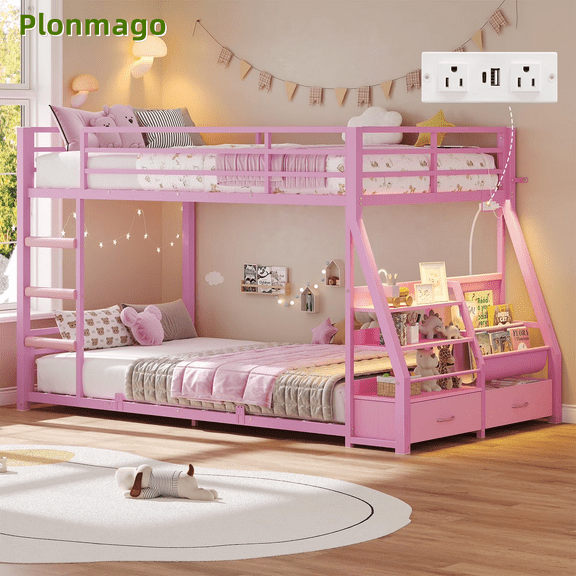 Plonmago Twin Size Bunk Bed with Sling Bookshelves,Storage Drawers & Power Outlet, LED Metal Floor Bunk Twin Over Twin with Full-Length Guardrail & Metal Slats, Low Loft Bed,No Box Spring Needed,Pink