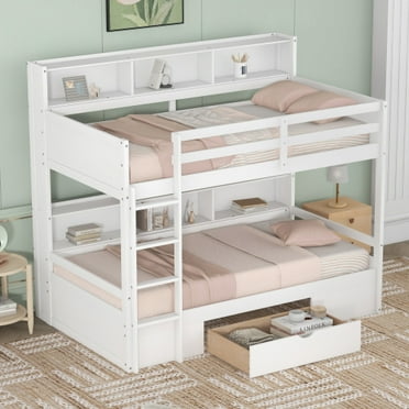 Twin Size Bunk Bed with Storage Drawer,Wood Bed Frame with Built-in Shelves Beside Both Upper and Down Bed,Full Guardrail & Ladder,for Kids, Teens,No Box Spring Needed,Mattress Not Included