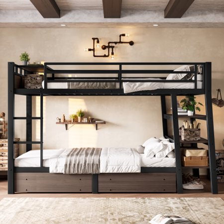 Twin Size Bunk Bed with Storage Shelves, Black Metal Bunk Bed with USB Power Strip & LED Lights, Modern Space Saving Bunk Bed for Adults Dorm Room, Black