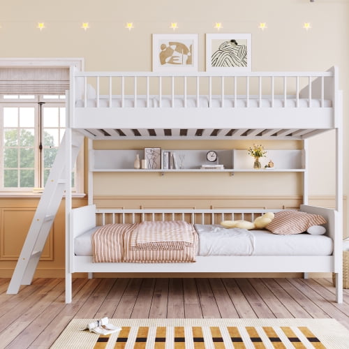 Twin Size Bunk Bed, Wooden Bunk Bed with 3 Storage Shelves, Convertible Ladder, White Finish