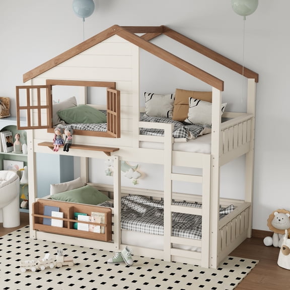 Twin Size Bunk Bed or Loft Bed with Bookshelf, Cute House Design with High-Quality Safety Fencing,Beige