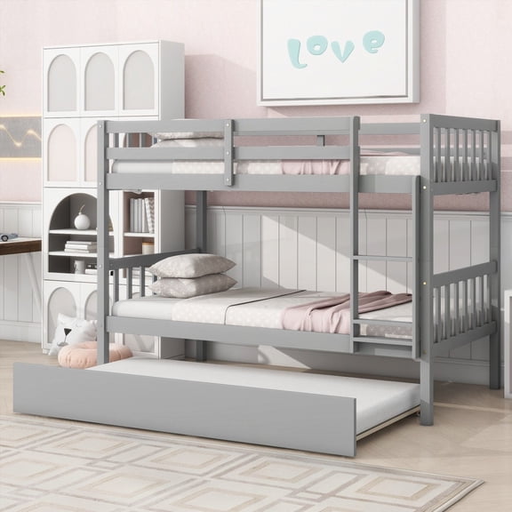 Twin Size Bunk Bed with Pull-Out Trundle for Guests - Grey