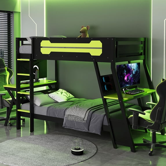 Twin Size Bunk Bed with Two Built-In Gaming Desks, USB Desktop Ports & Pegboard Organizer, Gaming Bunk Frame, Green