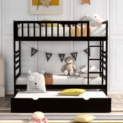 Twin Size Bunk Beds for Kids with Safety Rail and Movable Trundle bed, No Box Spring Needed(Espresso)