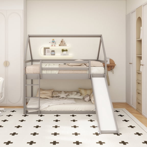 Twin Size Bunk House Bed with Slide and Ladder,Gray