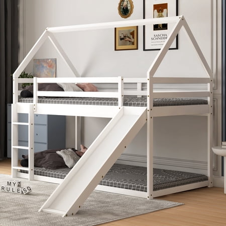 Twin Size Bunk House Bed with Slide and Ladder,White