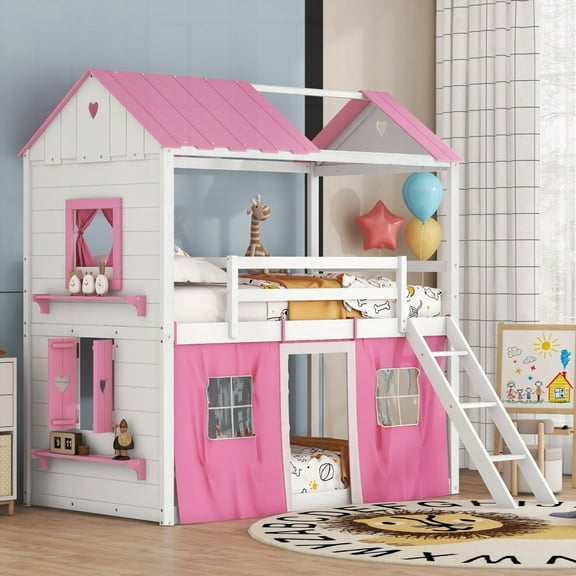 Twin Size Bunk Wood House Bed with Elegant Windows & Tent, Pink+White - Fun Playhouse Design & Spacious Under Bed Space