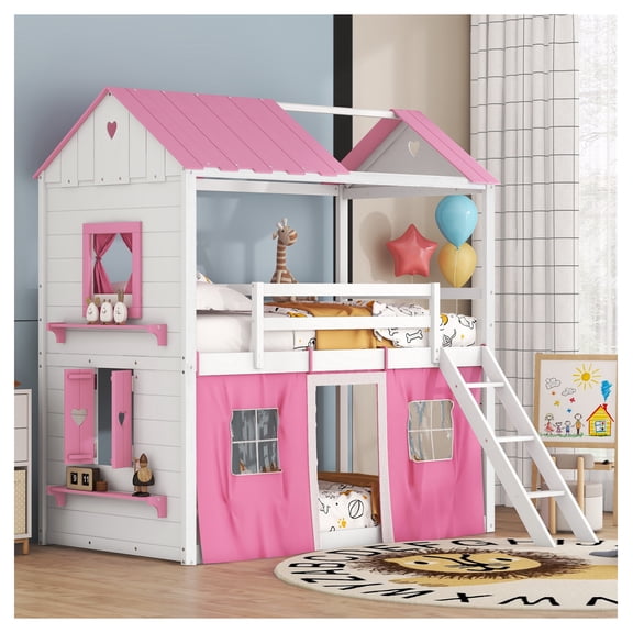 Twin Size Bunk Wood House Bed with Windows, Sills & Tent, Pink+White
