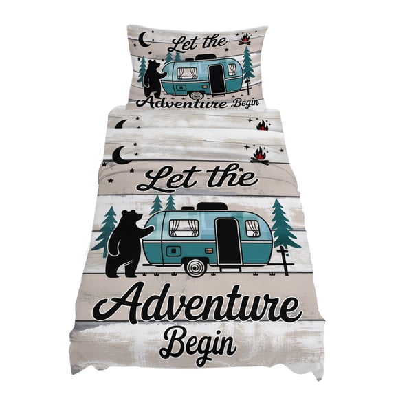 Twin Size Camper Van Bear Sheet Sets Let The Adventur Vintage Wood Grain Soft Breathable Microfiber Bed Sheets Deep Pockets 4 Piece Bed Sheets Set, 1 Fitted Sheet, 1 Flat Sheet & 1 Pillowcases