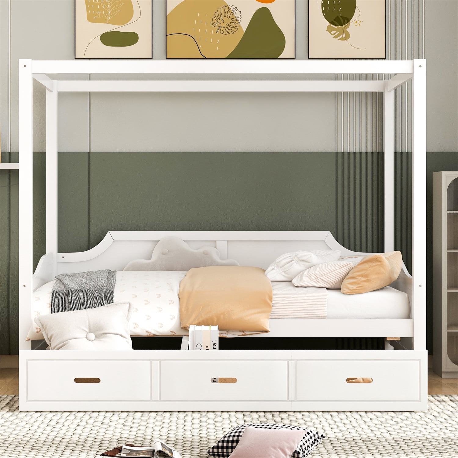 Twin Size Canopy Bed with 3 Storage Drawers, Solid Wood Platform Bed ...