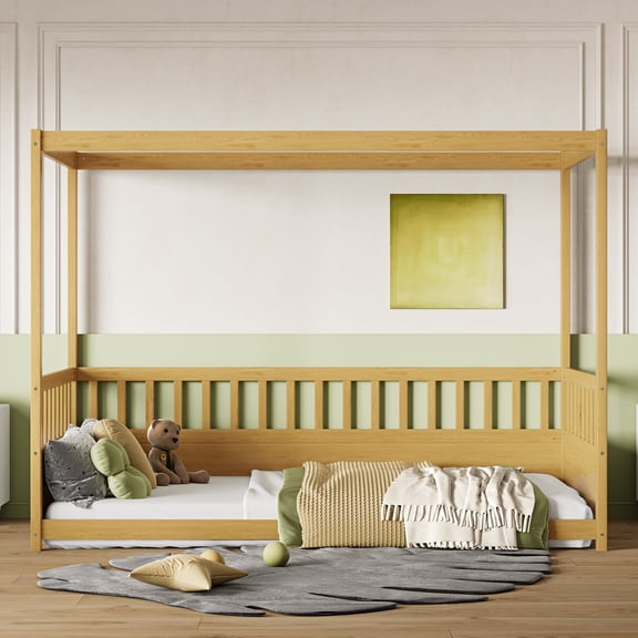 Twin Size Canopy Bed Frame with Guardrails for ,Floor Bed Twin with Four Poster Design, Montessori Floor Bed,Wood Canopy Bed Frame for Girls,Boys(Twin,Natural)