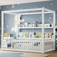 thumbnail image 1 of Twin Size Canopy Bed Frame with 2 Tier Storage Shelves, Solid Wood Montessori Floor Bed with Fence and Door, No Spring Box Needed, White, 1 of 7