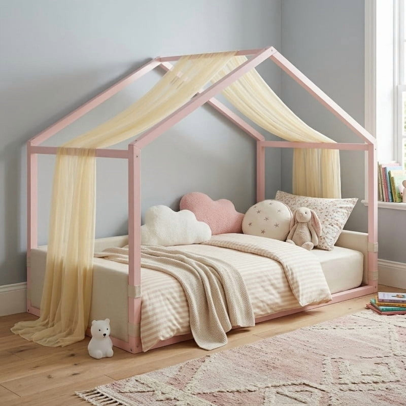 Twin Size Canopy Bed with Upholstered Velvet Side Panels and Breathable Gauze Canopy, Soft-Padded Platform Bed Floor Bed Kids Montessori Bed for Bedroom