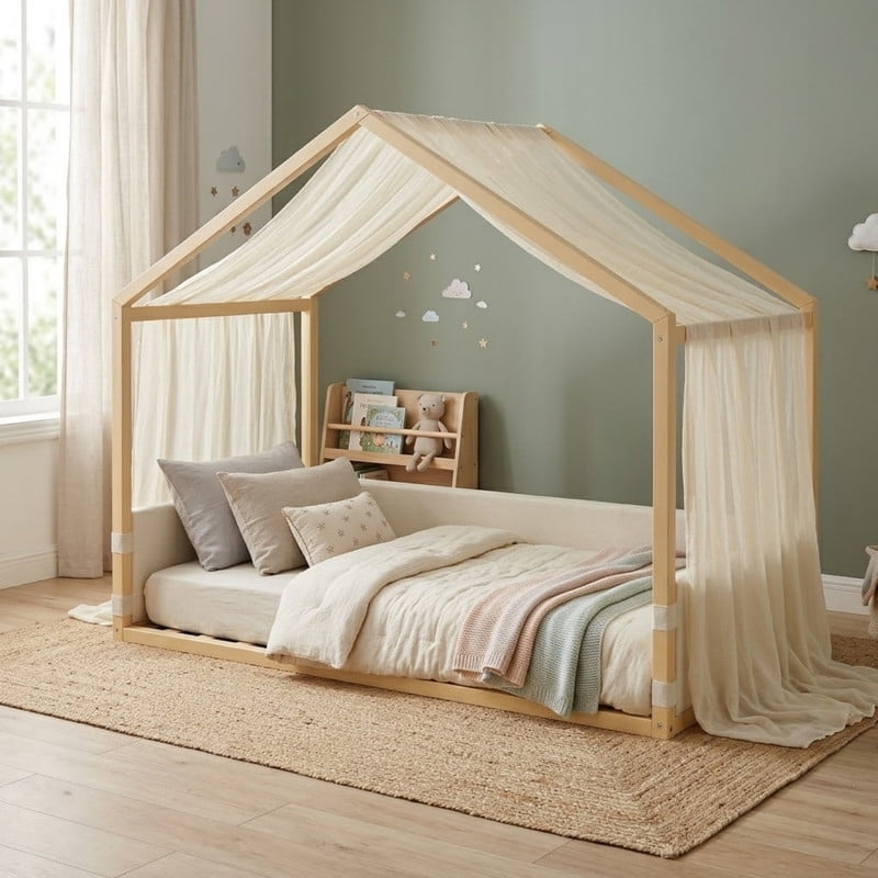 Twin Size Canopy Bed with Upholstered Velvet Side Panels and Breathable Gauze Canopy, Soft-Padded Platform Bed Floor Bed Kids Montessori Bed for Bedroom