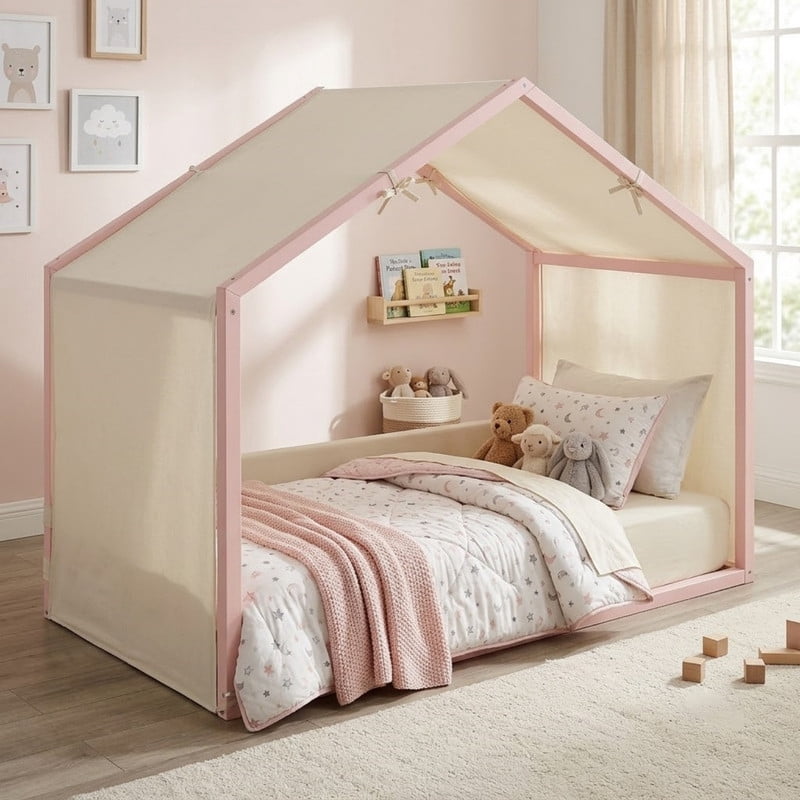 Twin Size Canopy Bed with Upholstered Velvet Side Panels and Breathable Linen Canopy Top, Soft-Padded Platform Bed Floor Montessori Bed for Kids Bedroom