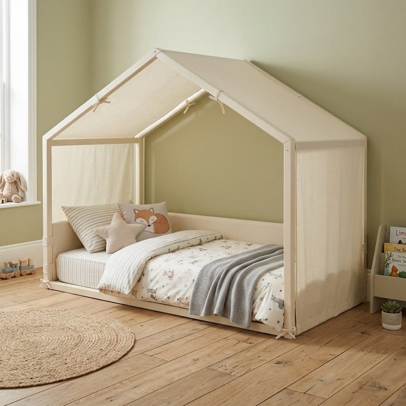 Twin Size Canopy Bed with Upholstered Velvet Side Panels and Breathable Linen Canopy Top, Soft-Padded Platform Bed Floor Montessori Bed for Kids Bedroom