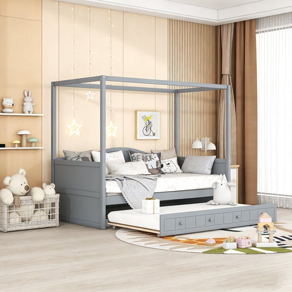 Twin Size Canopy Daybed with Pull-Out Trundle, Stationary Frame Design, Gray Finish