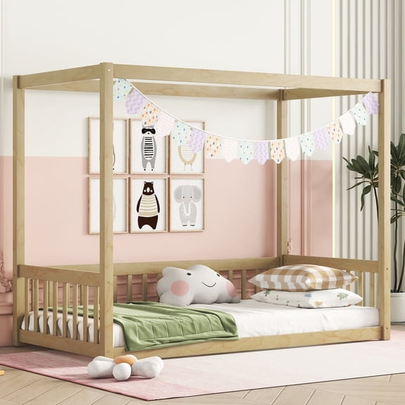 Twin Size Canopy Frame Floor Bed with Fence, Guardrails,Grey